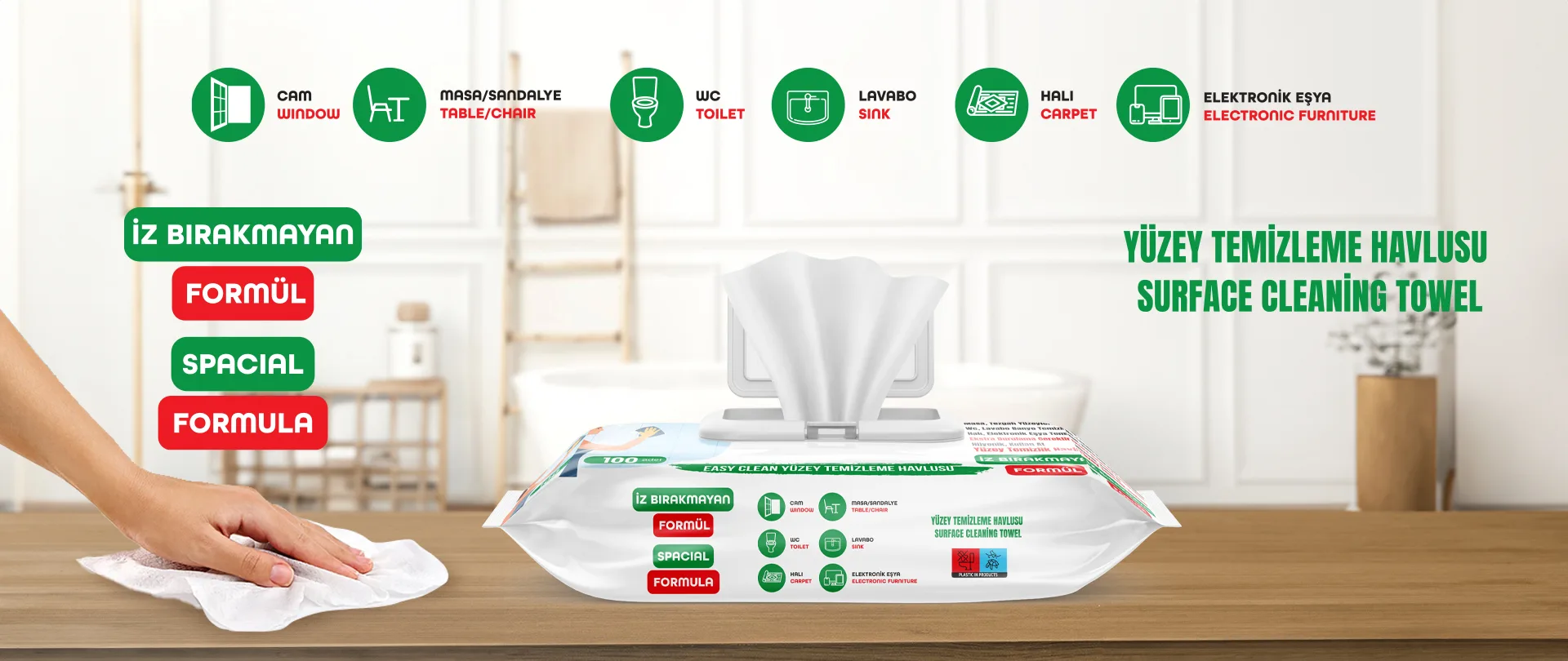 Yüzey temizleme havlusu — iz bırakmayan formül